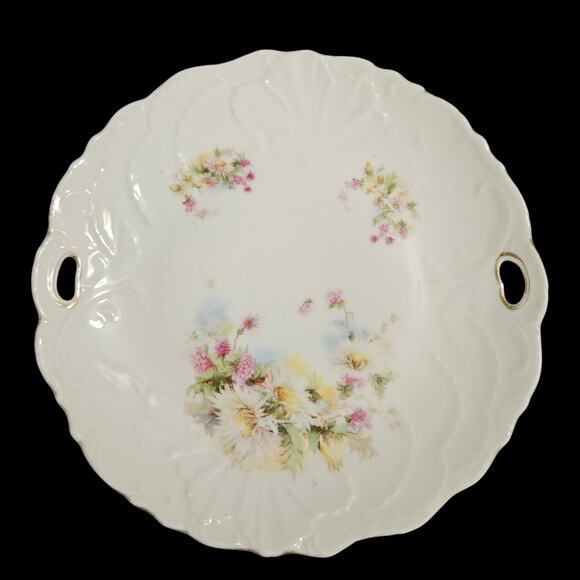 Vintage 9.5" Porcelain Handled Cake Plate Floral Embossed Edge - Picture 2 of 3